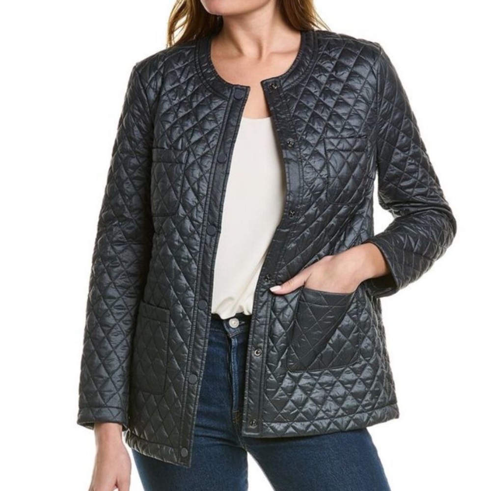 J. McLaughlin Quilted Navy Puffer Jacket, Snap, patch pockets , round collar, XS